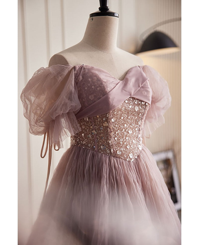 Unique and elegant dark pink sequin off the shoulder short sleeved ball dress dark pink A-line princess glitter beaded backless and ground length prom dress