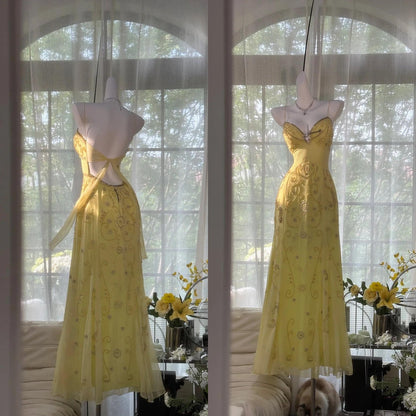 Gorgeous Butter Yellow Spaghetti Straps A-Line Tulle Beaded Long Prom Dresses Backless Prom Gown