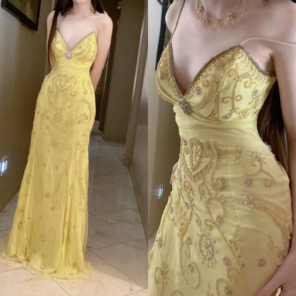 Gorgeous Butter Yellow Spaghetti Straps A-Line Tulle Beaded Long Prom Dresses Backless Prom Gown
