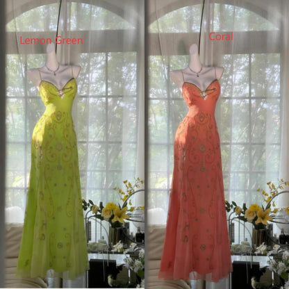 Gorgeous Butter Yellow Spaghetti Straps A-Line Tulle Beaded Long Prom Dresses Backless Prom Gown
