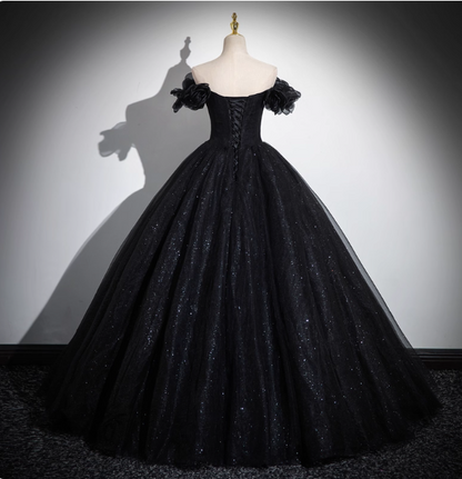 Gothic Court Black Off-The-Shoulder Shimmer Tulle Ball Gown Evening Dresses Sweet 16 Dresses