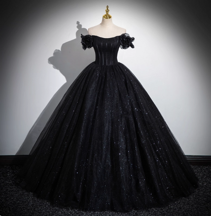 Gothic Court Black Off-The-Shoulder Shimmer Tulle Ball Gown Evening Dresses Sweet 16 Dresses