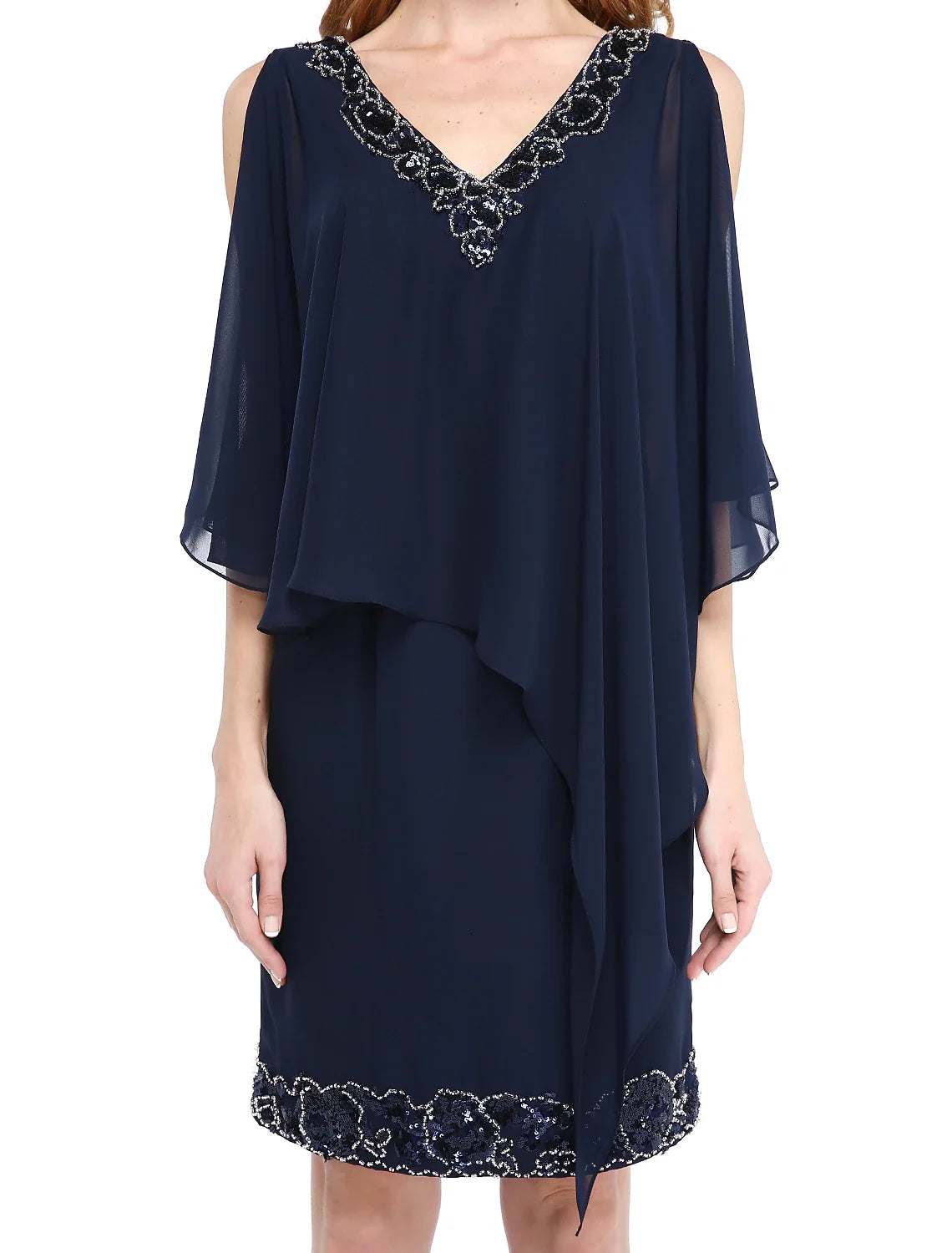 Sheath / Column Mother of the Bride Dress V Neck Knee Length Chiffon Sleeveless No with Beading Sequin
