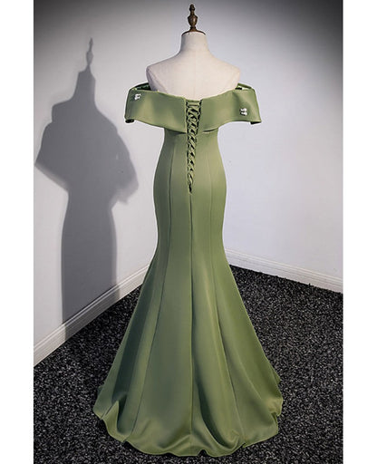 Elegant and noble clover green off the shoulder sleeveless fishtail evening dress with clover green off the back strap and ground length prom dress
