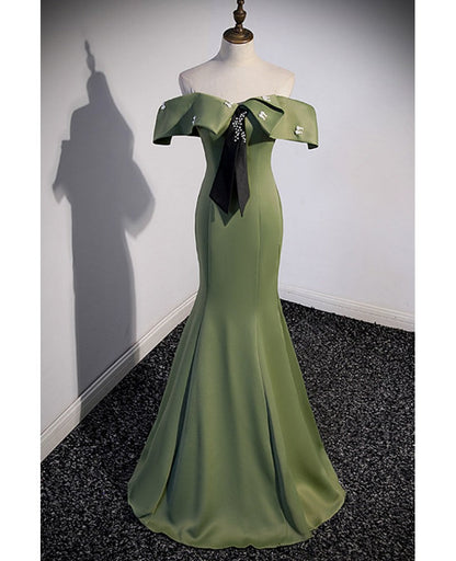 Elegant and noble clover green off the shoulder sleeveless fishtail evening dress with clover green off the back strap and ground length prom dress