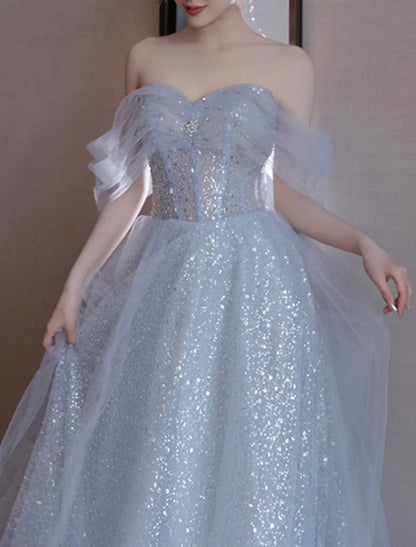 A-Line Party Dresses Sparkle & Shine Dress Wedding Guest Prom Floor Length Sleeveless Off Shoulder Sequined with Sequin