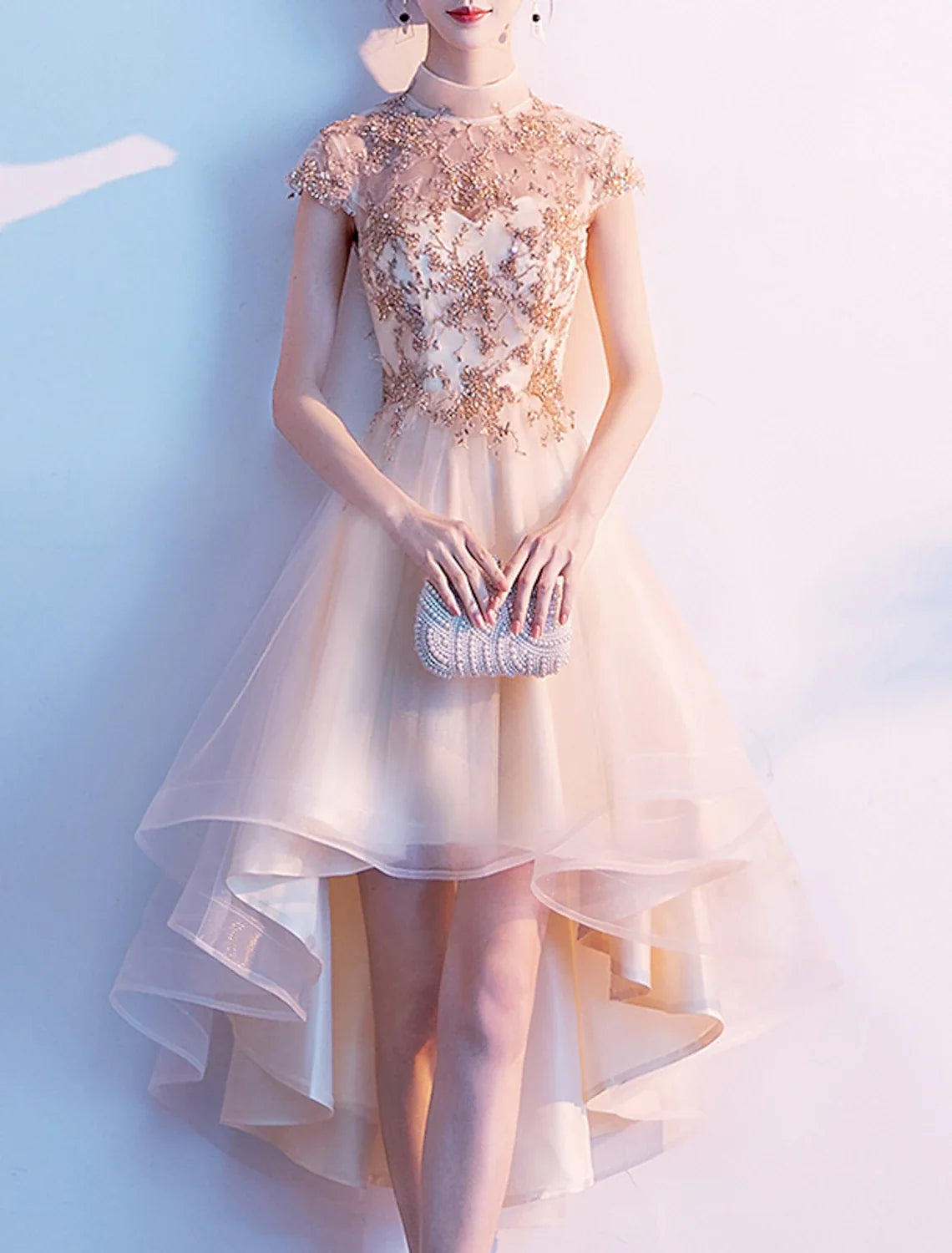 A-Line Cocktail Dresses Chinese Style Dress Wedding Guest Homecoming Asymmetrical Short Sleeve High Neck Tulle with Pleats Appliques