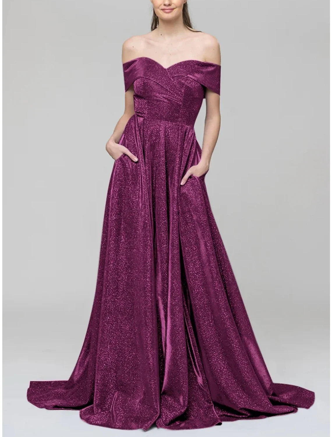 A-Line Evening Gown Sparkle & Shine Dress Formal Court Train Short Sleeve Off Shoulder Sequined with Glitter Pleats 2026
