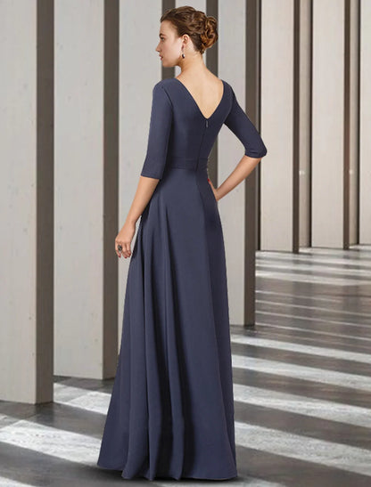 Sheath / Column Mother of the Bride Dress Elegant V Neck Floor Length Chiffon Half Sleeve with Bow(s) Pleats