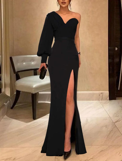 Mermaid / Trumpet Evening Gown Black Dress Dress Wedding Guest Prom Floor Length Long Sleeve One Shoulder Fabric with Slit 2026