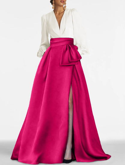 A-Line Evening Gown Elegant Dress Formal Sweep / Brush Train Formal Red Green Dress Long Sleeve V Neck Satin with Pleats Slit