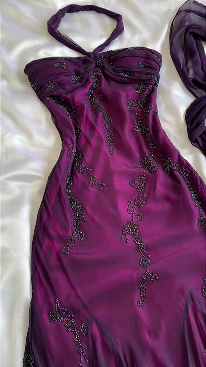 Purple Exquisite Elegant Backless Beaded Long Prom Dress Prom Gowns Graduation Dresses