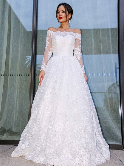 Ball Gown Bateau Long Sleeves Lace Floor-Length Wedding Dresses
