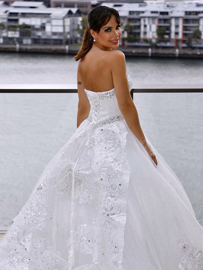 Ball Gown Tulle Sweetheart Applique Sleeveless Cathedral Train Wedding Dresses