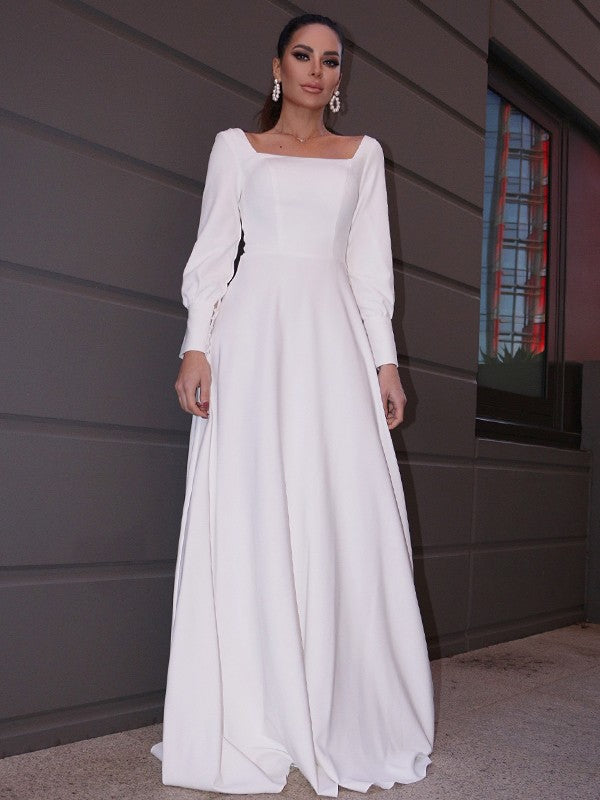 A-Line/Princess Crepe Ruffles Long Sleeves Square Sweep/Brush Train Wedding Dresses