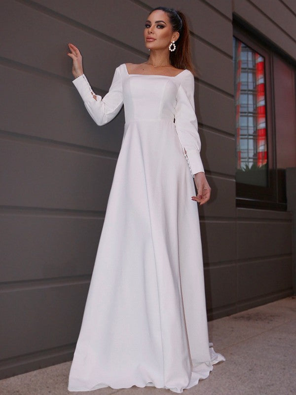 A-Line/Princess Crepe Ruffles Long Sleeves Square Sweep/Brush Train Wedding Dresses