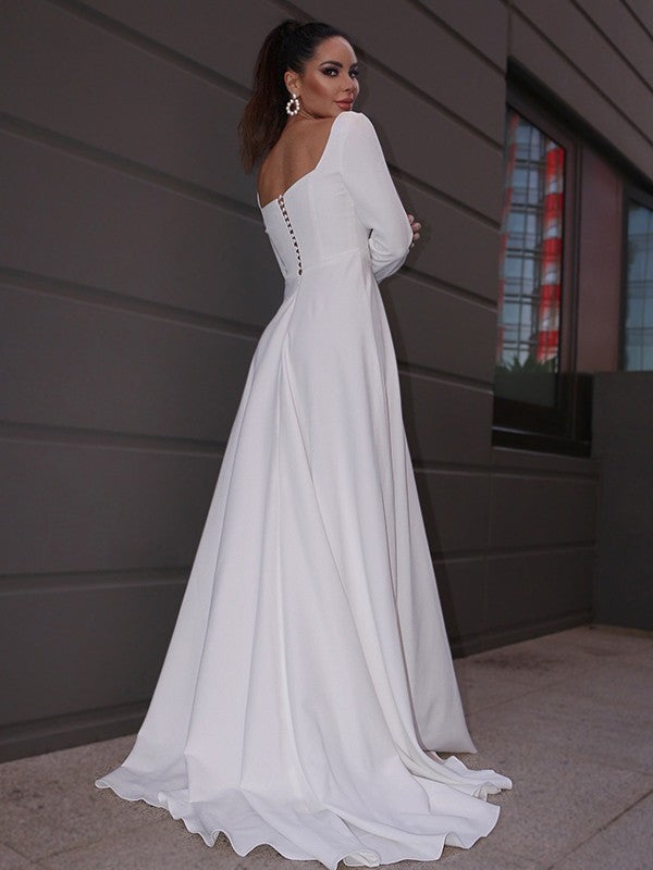 A-Line/Princess Crepe Ruffles Long Sleeves Square Sweep/Brush Train Wedding Dresses