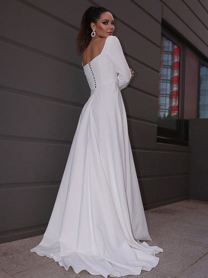 A-Line/Princess Crepe Ruffles Long Sleeves Square Sweep/Brush Train Wedding Dresses