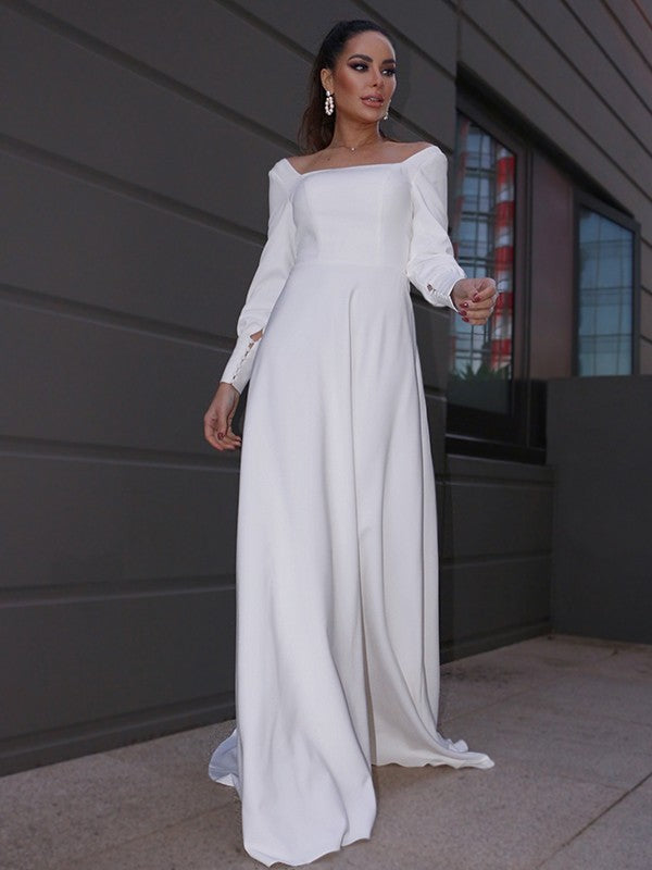 A-Line/Princess Crepe Ruffles Long Sleeves Square Sweep/Brush Train Wedding Dresses