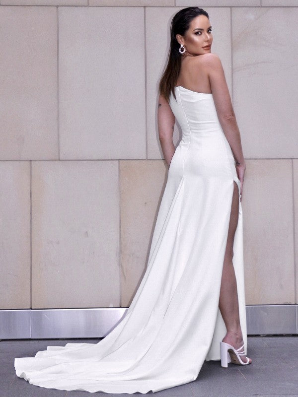 Sheath/Column Crepe Ruched One-Shoulder Sleeveless Sweep/Brush Train Wedding Dresses