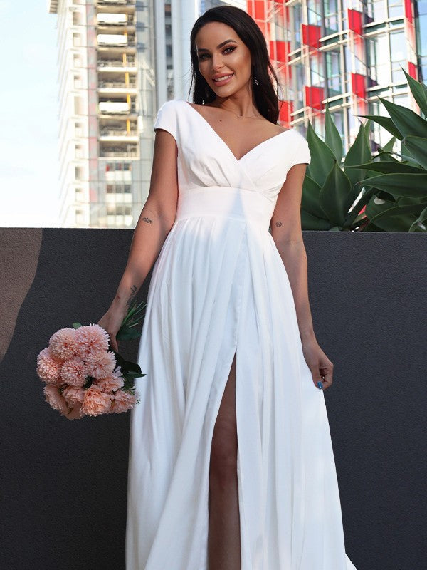 A-Line/Princess Crepe Ruffles V-neck Short Sleeves Sweep/Brush Train Wedding Dresses