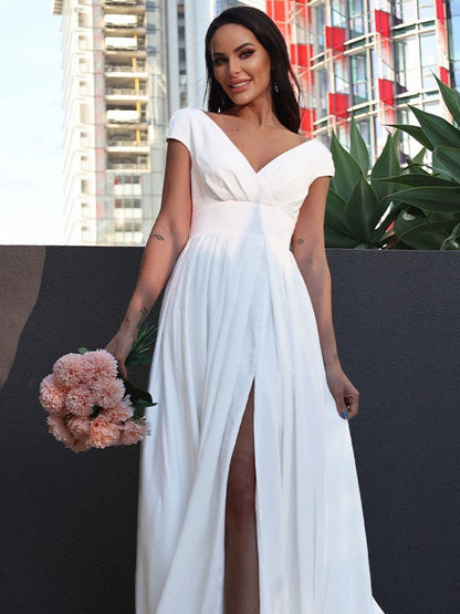 A-Line/Princess Crepe Ruffles V-neck Short Sleeves Sweep/Brush Train Wedding Dresses