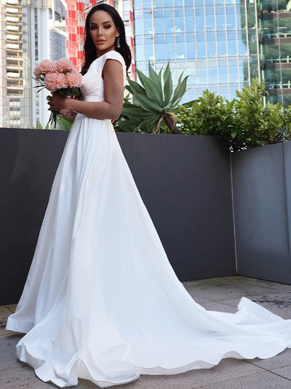 A-Line/Princess Crepe Ruffles V-neck Short Sleeves Sweep/Brush Train Wedding Dresses