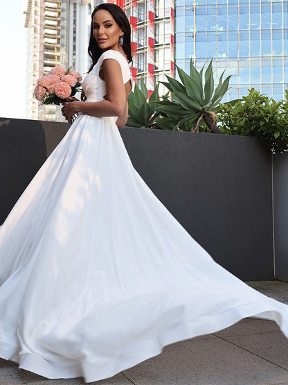 A-Line/Princess Crepe Ruffles V-neck Short Sleeves Sweep/Brush Train Wedding Dresses