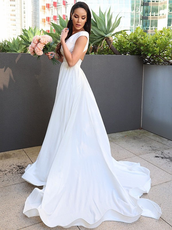 A-Line/Princess Crepe Ruffles V-neck Short Sleeves Sweep/Brush Train Wedding Dresses