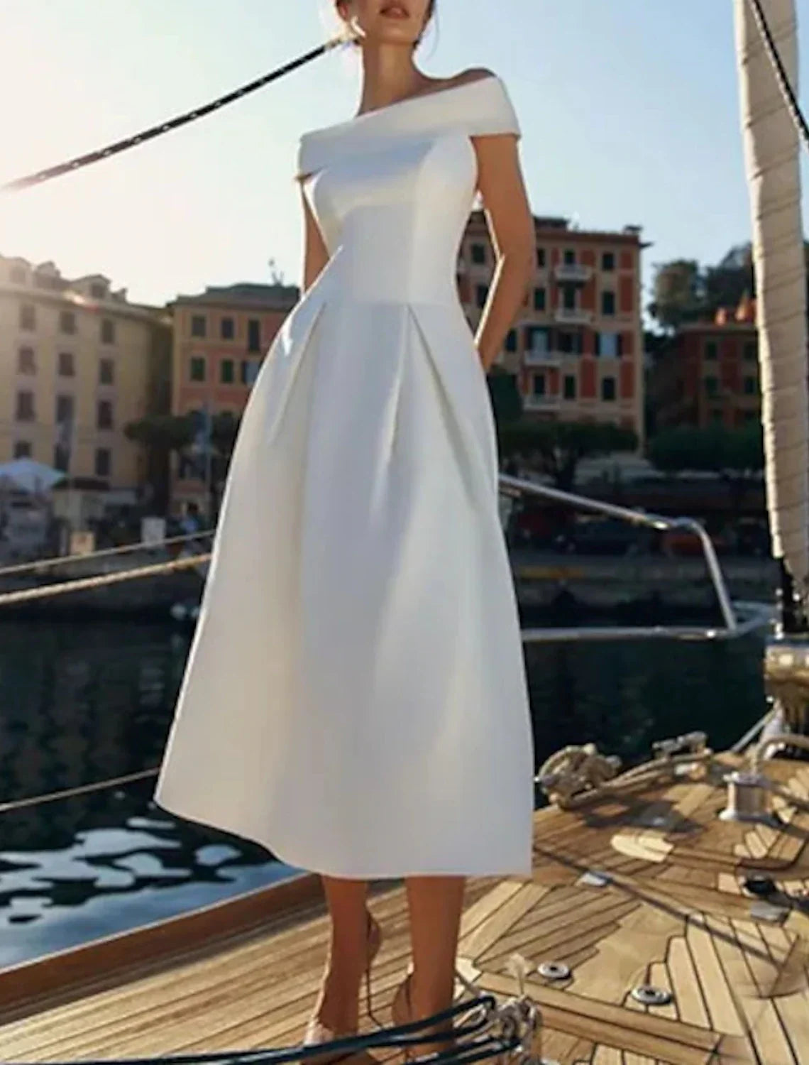 A-Line Wedding Guest Dresses Elegant Dress Wedding Party Birthday Tea Length Short Sleeve Off Shoulder Satin with Pure Color
