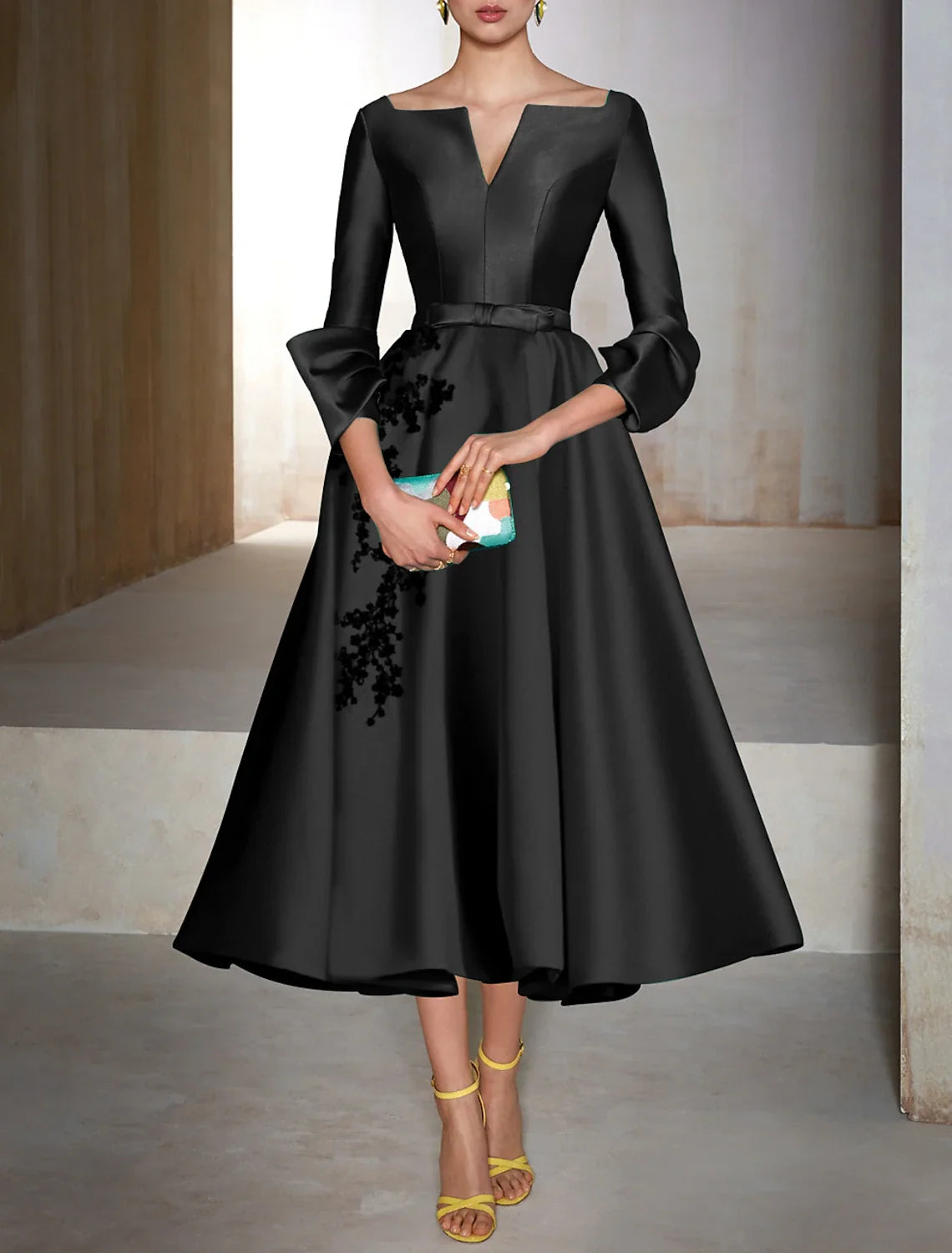 A-Line Cocktail Dresses Christmas Red Green Dress Wedding Guest Tea Length 3/4 Length Sleeve V Neck Satin with Bow(s) Appliques 2026