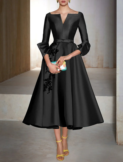 A-Line Cocktail Dresses Christmas Red Green Dress Wedding Guest Tea Length 3/4 Length Sleeve V Neck Satin with Bow(s) Appliques 2026