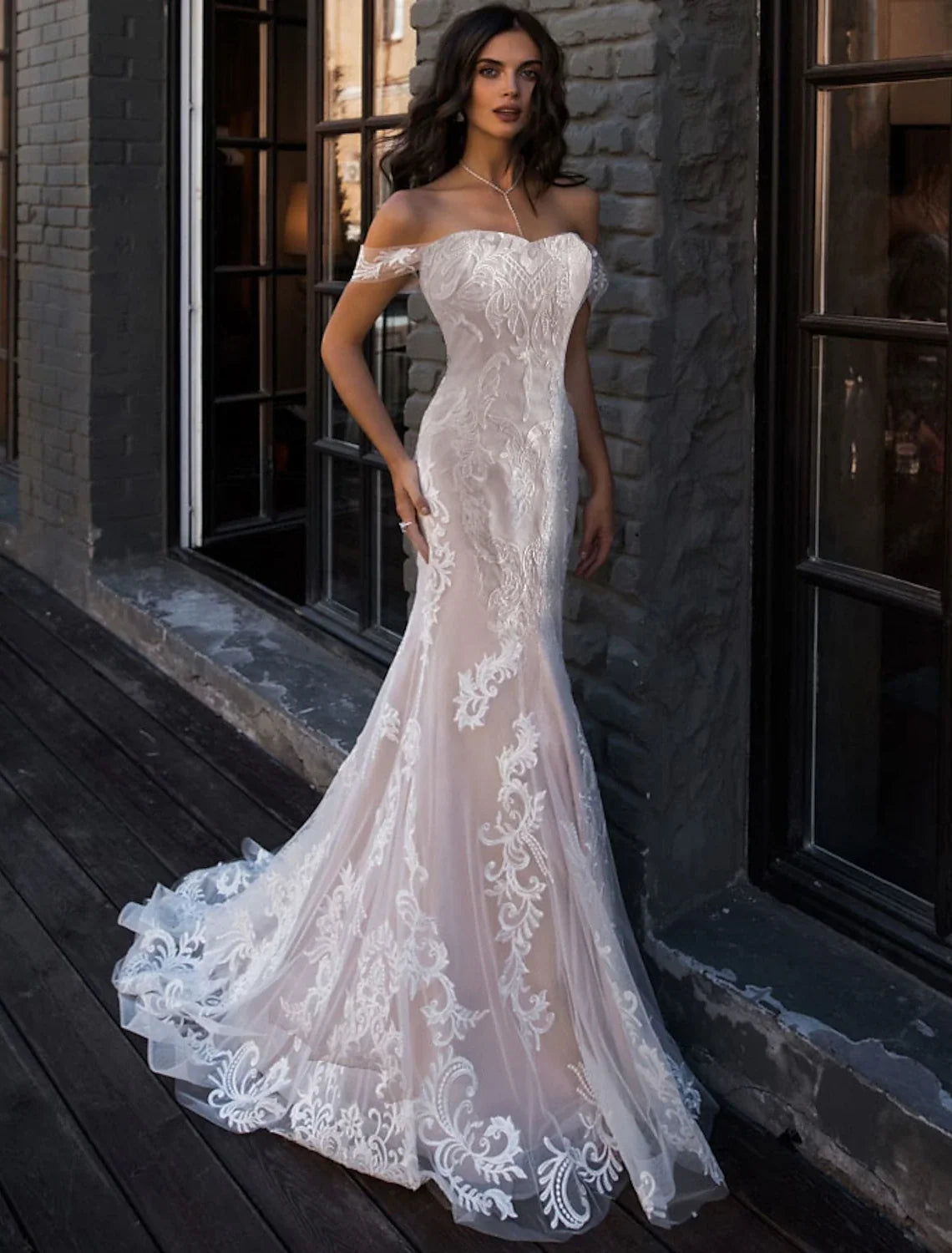 Beach Boho Wedding Dresses Mermaid / Trumpet Off Shoulder Cap Sleeve Court Train Lace Bridal Gowns With Lace Summer Wedding Party