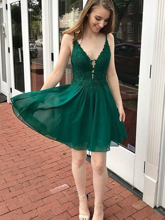 A-line Princess Chiffon Applique V-neck Sleeveless Short Homecoming Dress