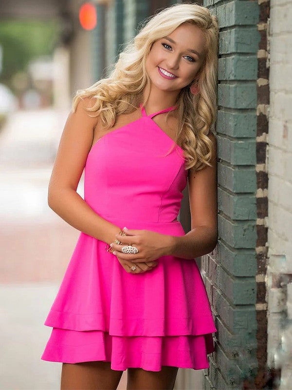 A-Line/Princess Crepe Layers Halter Sleeveless Short/Mini Dresses