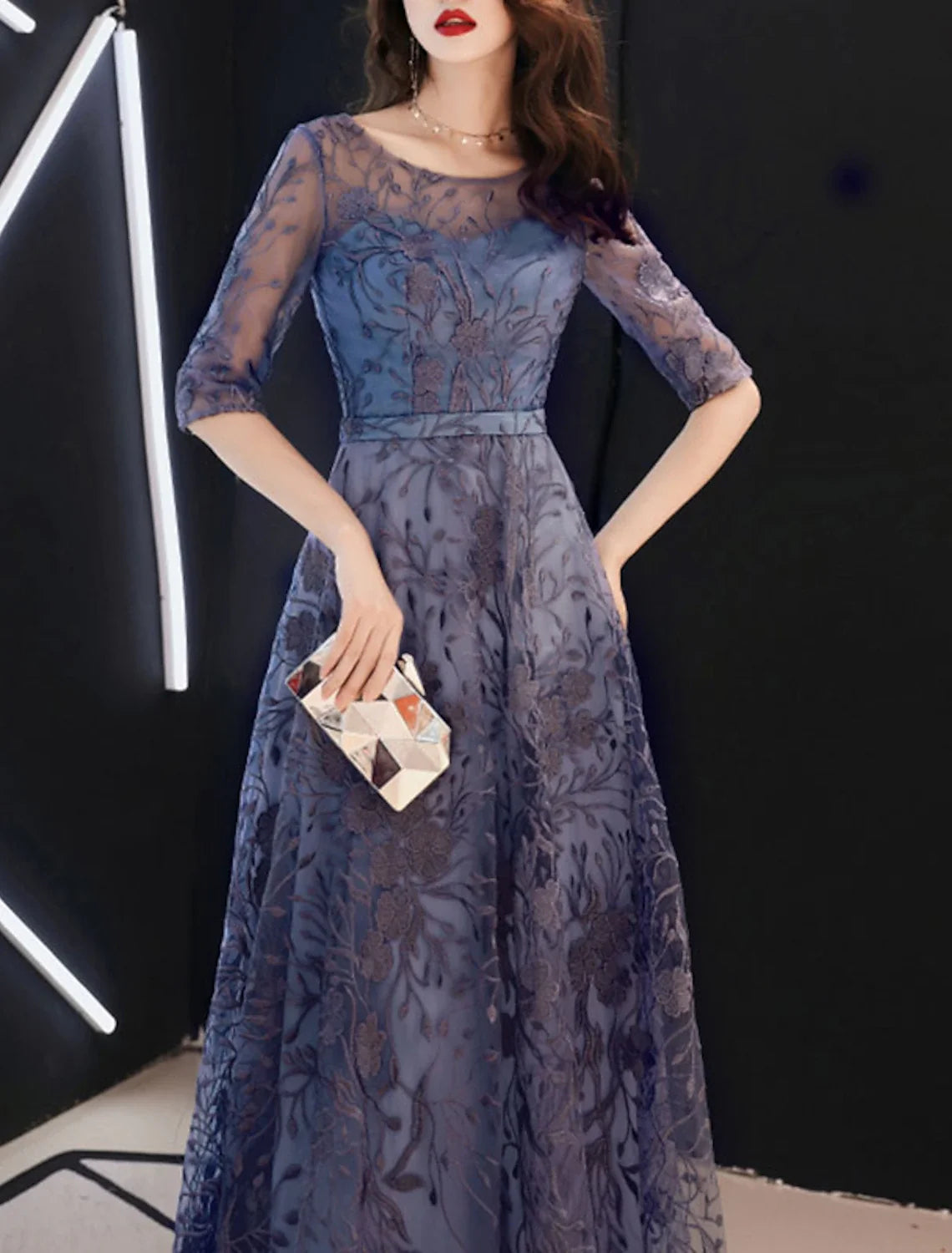 A-Line Evening Gown Floral Dress Wedding Guest Formal Evening Floor Length Half Sleeve Jewel Neck Tulle with Embroidery Pattern / Print 2026