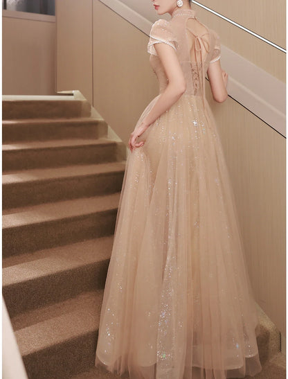 A-Line Evening Gown Sparkle & Shine Dress Engagement Prom Floor Length Short Sleeve Stand Collar Satin with Buttons Ruched Pearls