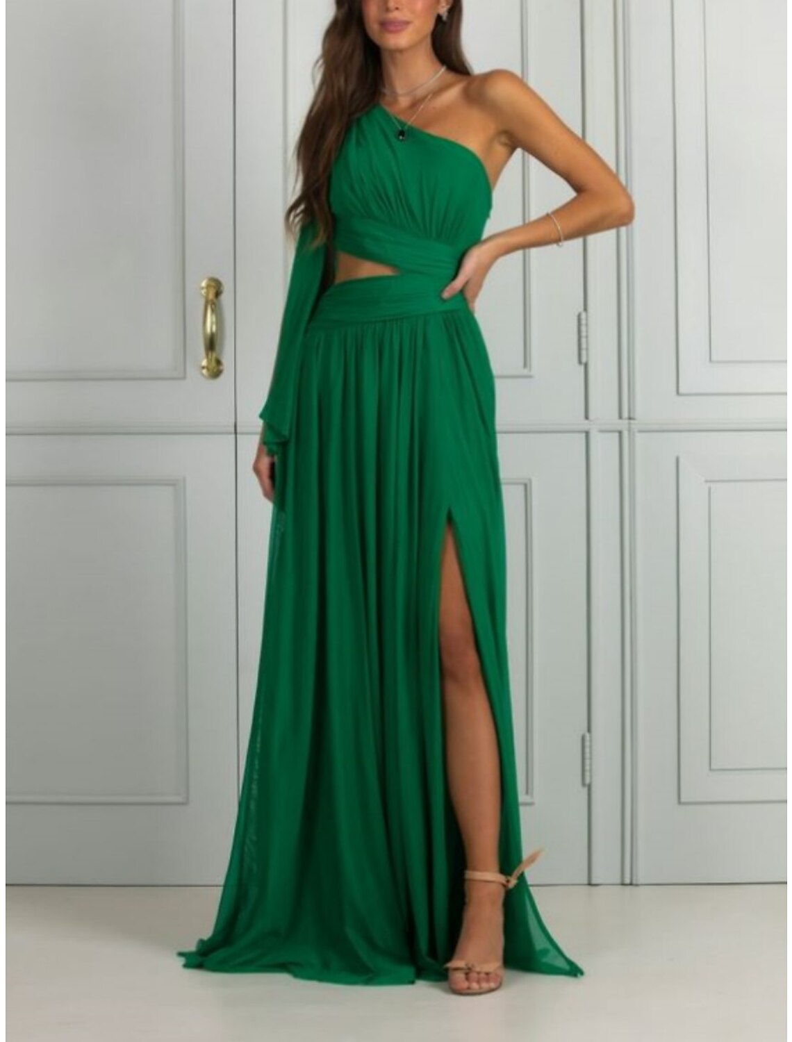 Sheath Christmas Red Green Dresses Elegant Dress Birthday Floor Length Sleeveless One Shoulder Chiffon with Glitter Bow(s) Pleats