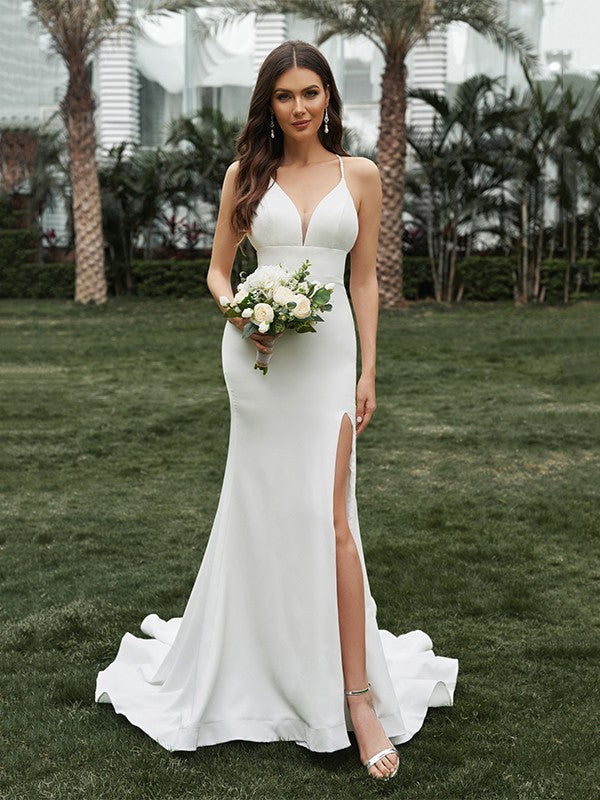 Sheath/Column Crepe Ruffles Halter Sleeveless Sweep/Brush Train Wedding Dresses