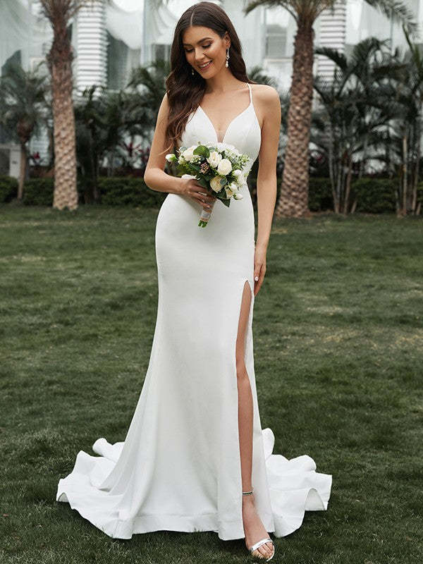 Sheath/Column Crepe Ruffles Halter Sleeveless Sweep/Brush Train Wedding Dresses