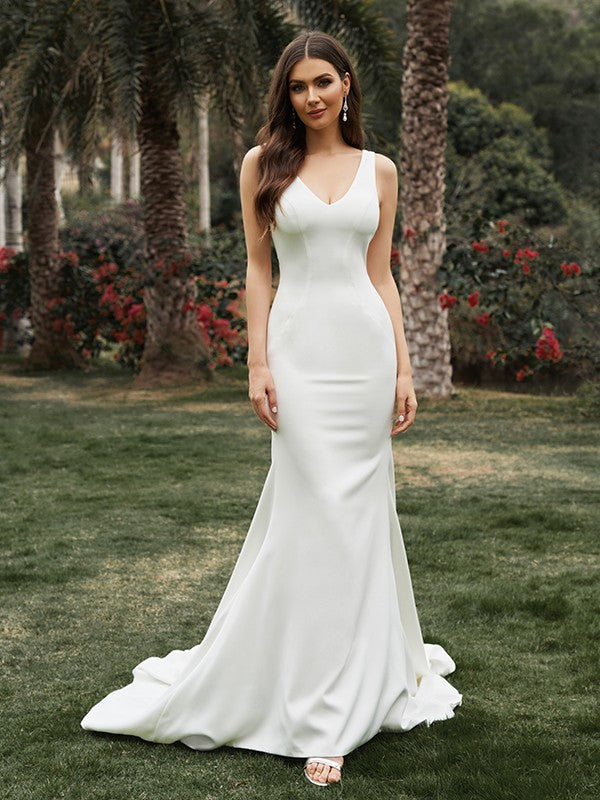 Sheath/Column Sleeveless Crepe V-neck Ruffles Sweep/Brush Train Wedding Dresses