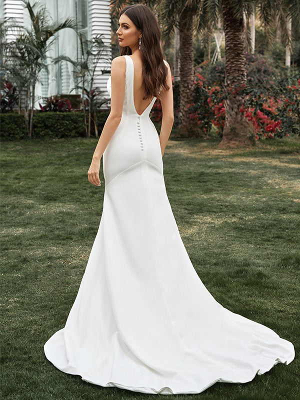 Sheath/Column Sleeveless Crepe V-neck Ruffles Sweep/Brush Train Wedding Dresses