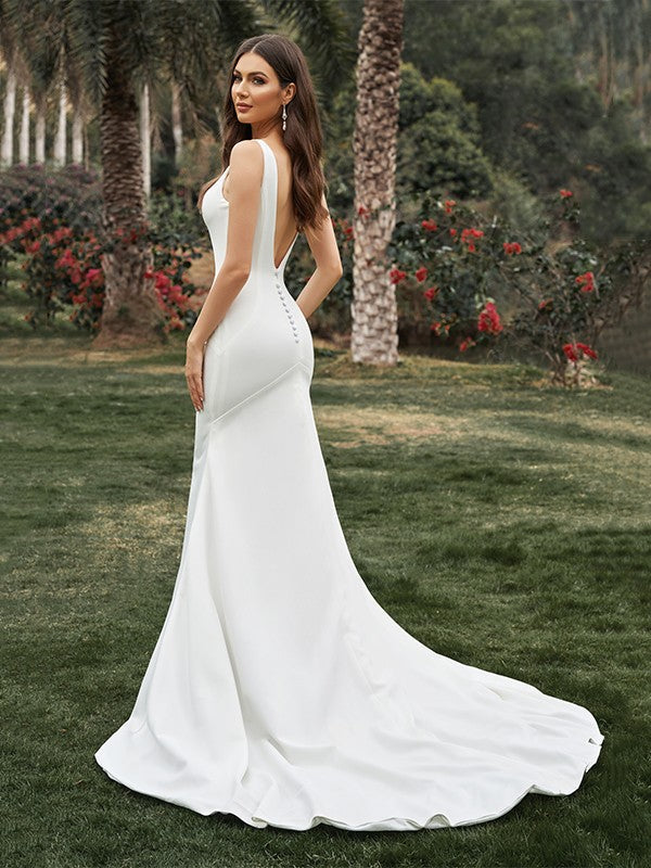 Sheath/Column Sleeveless Crepe V-neck Ruffles Sweep/Brush Train Wedding Dresses