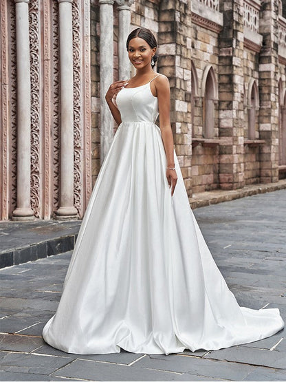 A-Line/Princess Satin Spaghetti Straps Ruffles Sleeveless Sweep/Brush Train Wedding Dresses