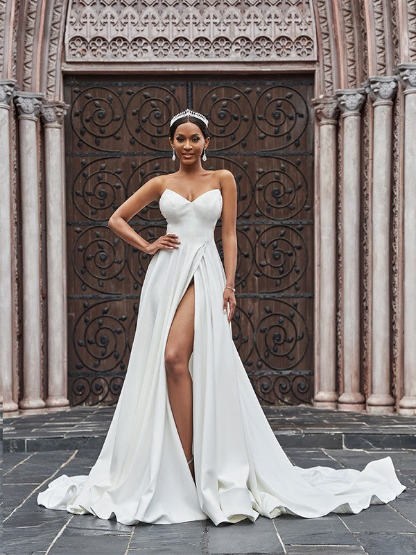 A-Line/Princess Crepe Ruffles Sleeveless Sweetheart Court Train Wedding Dresses