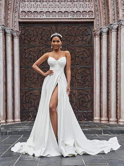 A-Line/Princess Crepe Ruffles Sleeveless Sweetheart Court Train Wedding Dresses