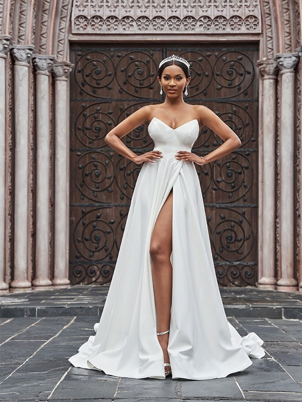 A-Line/Princess Crepe Ruffles Sleeveless Sweetheart Court Train Wedding Dresses