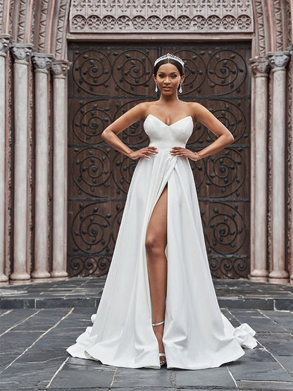 A-Line/Princess Crepe Ruffles Sleeveless Sweetheart Court Train Wedding Dresses