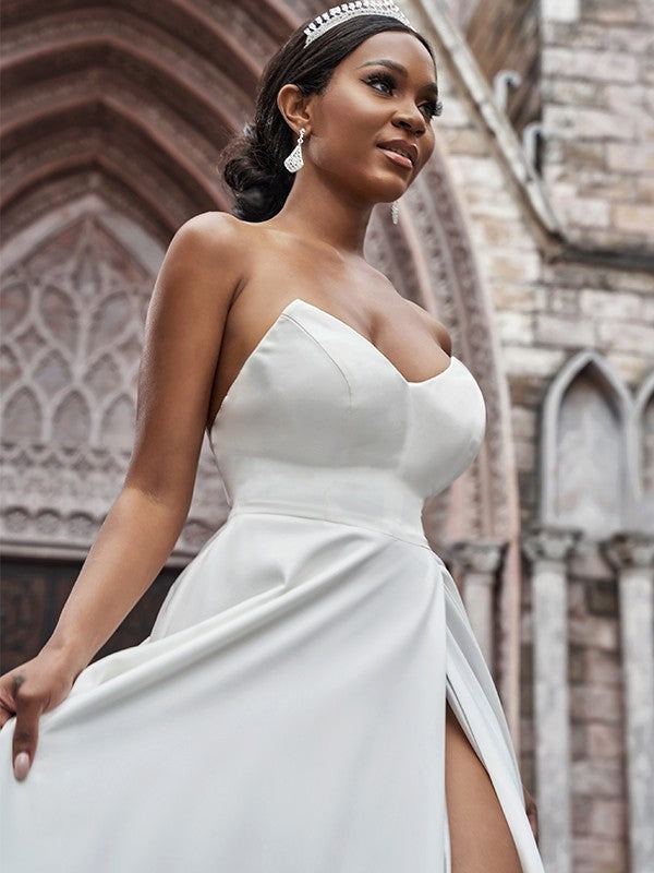 A-Line/Princess Crepe Ruffles Sleeveless Sweetheart Court Train Wedding Dresses