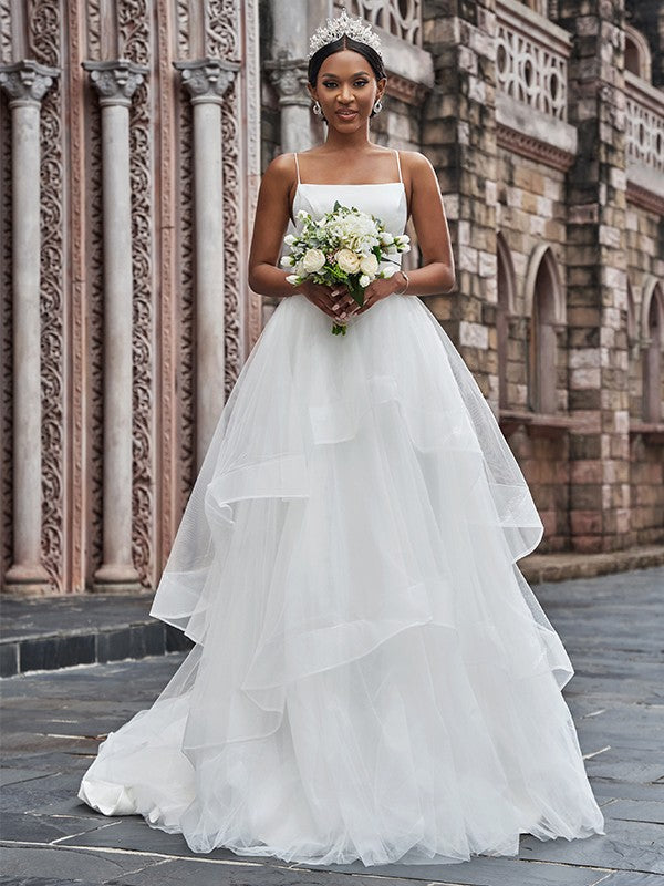 A-Line/Princess Tulle Spaghetti Straps Sleeveless Ruffles Sweep/Brush Train Wedding Dresses